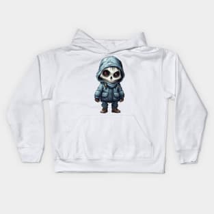 The figure of a ghoulish skull girl in a mask, wearing a cloak, perfect for Halloween, covered with snow ! Kids Hoodie